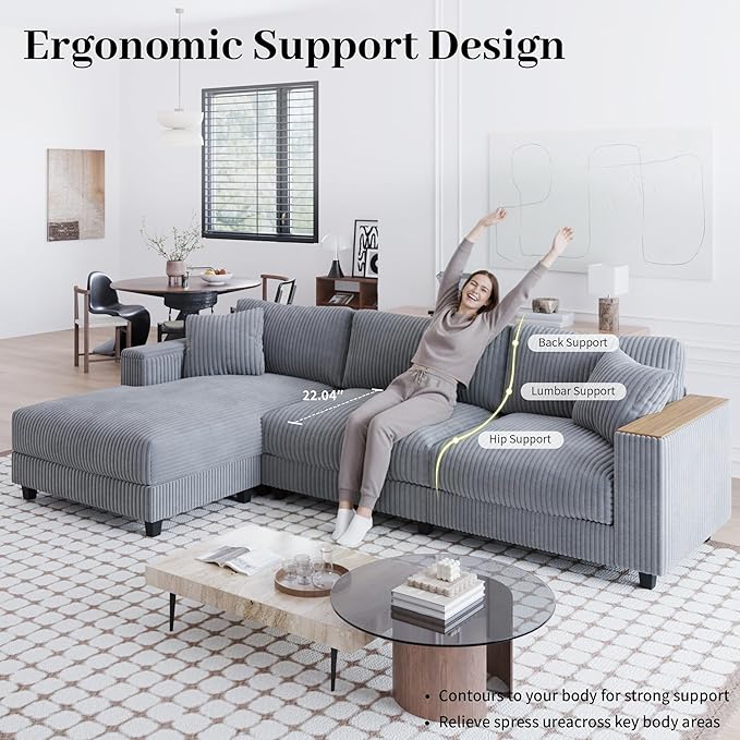 Modular Sectional Sofa 114.5 Convertible L Shaped Couch with Corduroy Fabric 3 Seater Corner Sleeper Sofa with Chaise Storage Armrests &amp 2 Pillows Modern Comfy Upholstered Couches for Living
