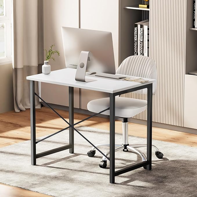 Sweetcrispy Small Computer Desk47 Inch Office Writing Work Desk with Metal Frame Wooden Tabletop Student Study Home Bedroom Table with X-Shaped Reinforcement White