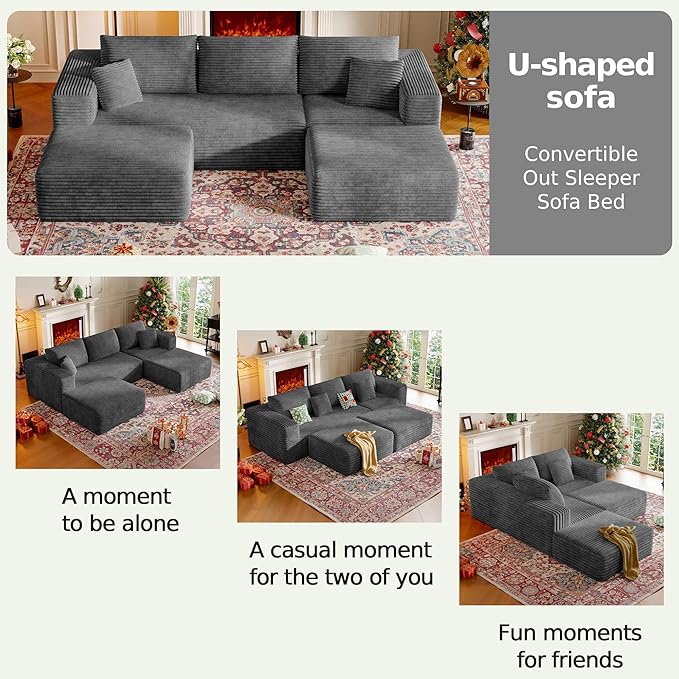 CHORRO107''Sectional Cloud Couch for LivingroomModular Corduroy Boneless Couch U-Shaped Sofa with Chaise and Pillows4-Deep Seat Sectional Sofa with 2 OttomanNo Assembly(Grey)