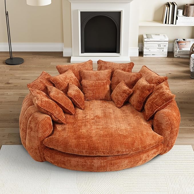 81 Round Sofa Bed Big Bean Bag Round Chaise Lounge Oversized Round Couch Boneless Reading Chair Plush Fluffy Chenille Large Chaise Chair for Living Room Bedroom Apartment Orange