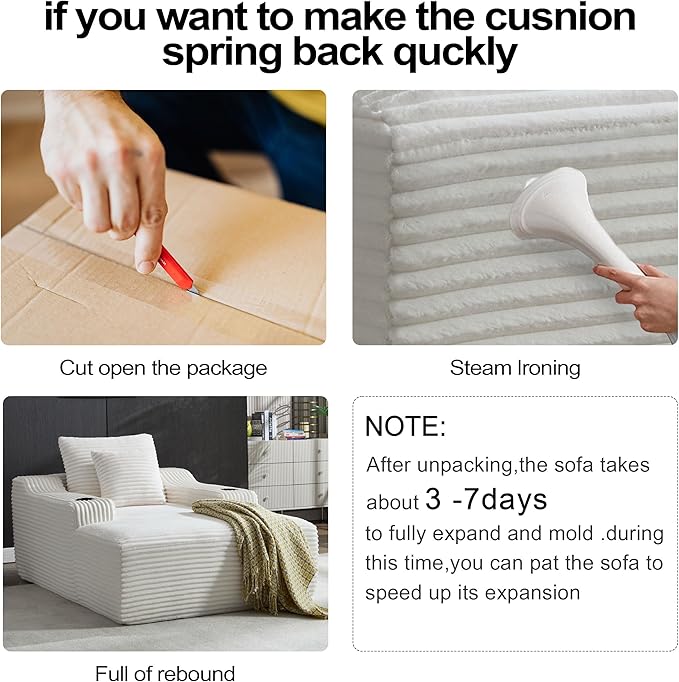 Chaise Lounge Chair Indoor Cloud Sofa Bed with Cup Holders Corduroy Upholstered Couch with 17.71 Seat High Lazy Sofa Bed for Living Room Apart Fully Assembled - White