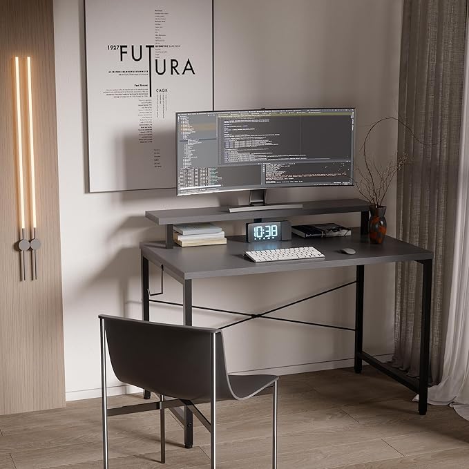 Pamray 32 Inch Small Computer Desk with Monitor Stand Simple Office Desk with Headphone Hook for Small Spaces Kids Study Writing Table for Bedroom Grey