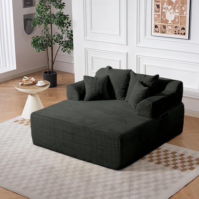 58 Inch Chaise Lounge Chair Indoor Corduroy Boneless Sofa Bed Deep Seat Sleeper Couch Reading Chairs Upholstered Comfy Cloud Sofas Couches for Living Room No Assembly Required Grey