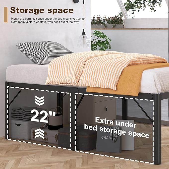 24 Inch High King Bed Frame with Rounded Corner Heavy Duty Metal Bed Frame King Under-Bed Storage Space No Box Spring Needed Noise Free Easy Assembly Black