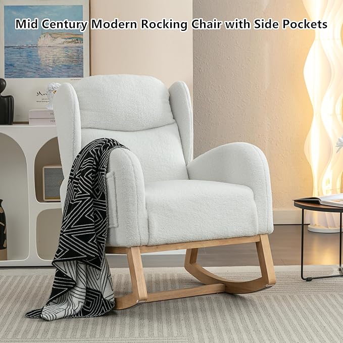Setawix Teddy Rocking Glider Chair for NurseryUpholstered Living Room Rocker Arm ChairLeisure Sherpa Wingback ArmchairMid Century Modern Rocking Accent Chair with Side Pockets (Wingback Ivory)