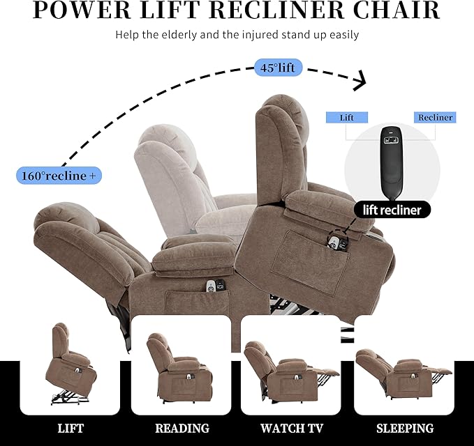 Power Lift Recliner Chair for Elderly with Massage and Heat Reclining Sofa Chair with USB &amp Type-C Ports and Cup Holders L1288(Brown)