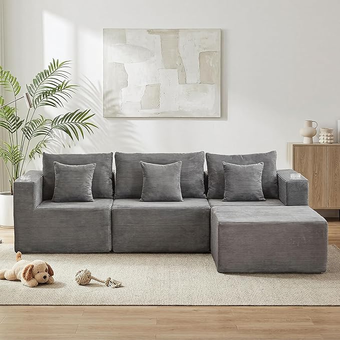 WELAX 104 Modular Sectional Couches for Living Room Boneless Couch L-Shape with Cup Holders &amp Pillows Modern Corduroy Cloud Sofa 4 Seater Home Comfy Sofas for Bedroom Grey