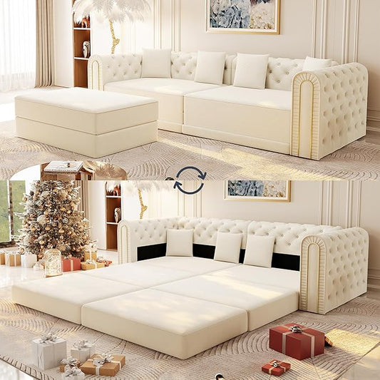 Polibi 90.6 3-in-1 Convertible Sleeper Sofa Bed Velvet Tufted Modern 3-Seater Couch with Movable Ottoman &amp Gold Trim King Size Sleeper for Living Room Apartment Beige+White