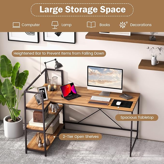 COSTWAY 59 Inch L-Shaped Computer Desk Large Reversible Corner Desk with Open Storage Shelves Space-Saving Writing Study Table PC Laptop Gaming Desk for Home Office (Black + Walnut)