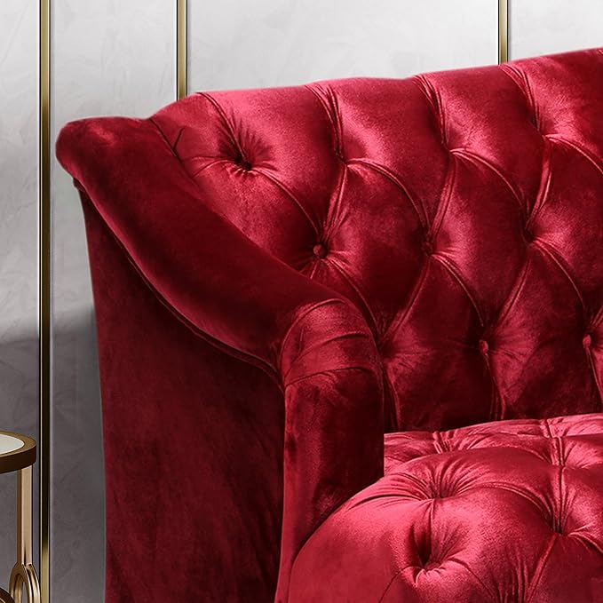 Christopher Knight Home Minxi Velvet Sofa Couch Home Sofa Living Room with Birch Wood Legs Comfort Modern 3 Seater Couch with Button Tufted Diamond Stitch Luxury Chaise Lounge Chair Wine Red