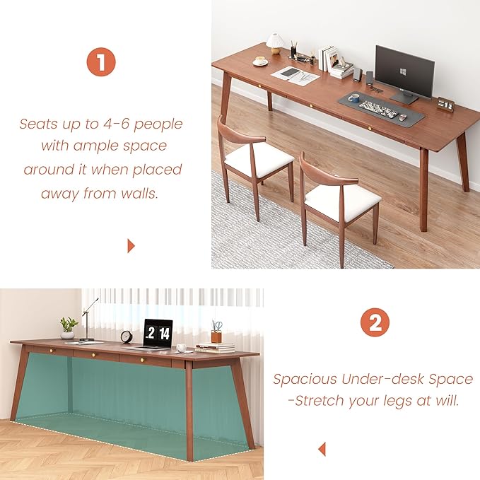 Long Solid Wood Desk with Drawers - 70.9” Mid Century Modern Executive Desk for Two People Home Office Computer Desks Vintage Writing Study Table for Any Room - 2 Person Desks -Walnut
