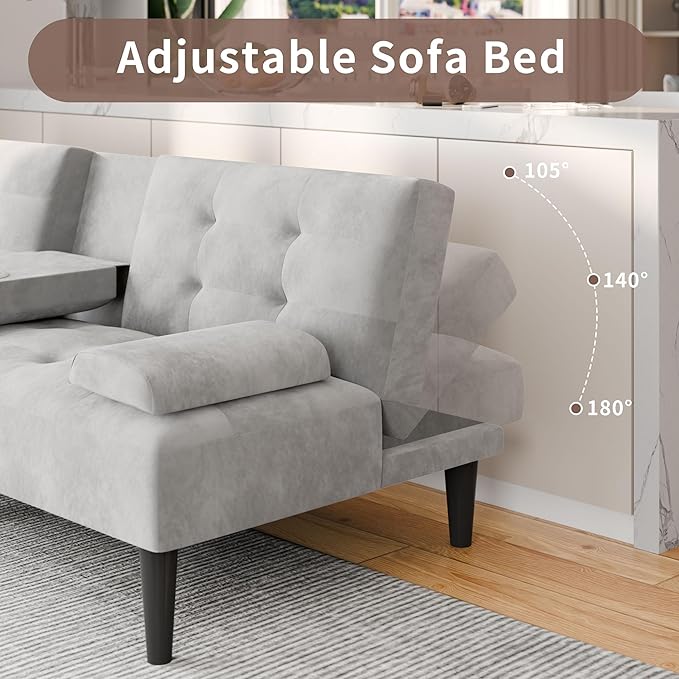 Nuturelly Convertible Sofa Bed Futon Couch Small Velvet Sleeper Sofa with Removable Armrests and Folding Cup Holders Upholstered Loveseat for Small Spaces Apartment Living Room(Light Gray)