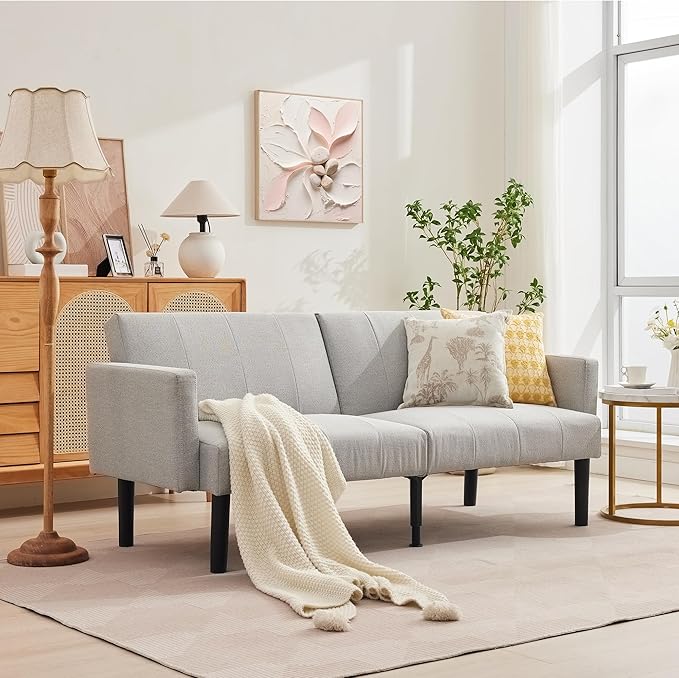 Garvee 75.5 Convertible Sofa Bed Vertical-Stripe Linen-Feel Fabric Sofa Features Sturdy Bed Legs Mid-Century Modern Folding Sofa Suitable for Living Rooms Bedrooms Dorms - Gray