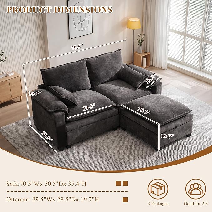 108 Sectional Couches for Living Room U Shaped Cloud Couch Sectional with Ottoman Storage Modular Sectional Sofa with Pillow Deep Seater Sofa for Living Room (Gray Loveseat with Ottoman)