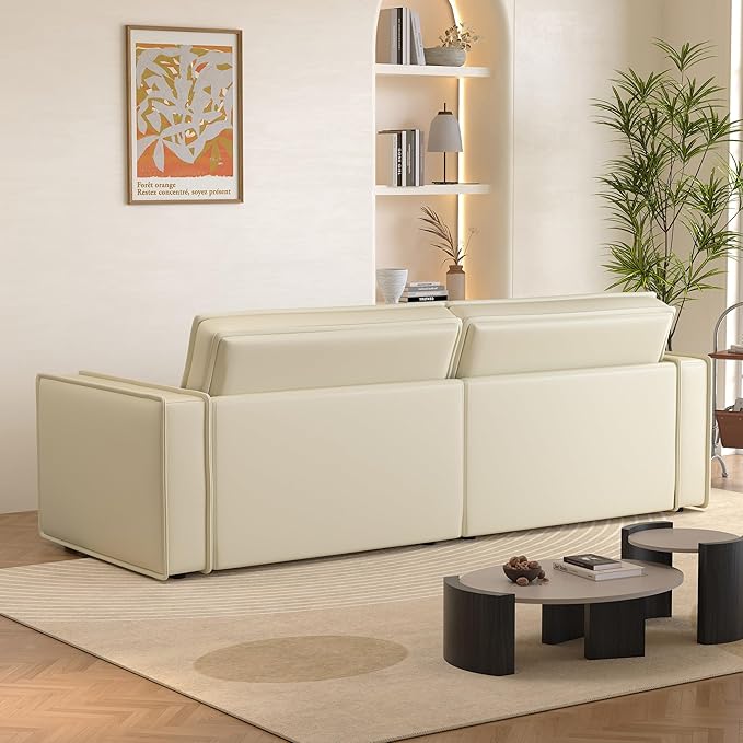 Beige Leather Sofa Couch 95 Modern 3-Seater Living Room Furniture with Easy-to-Clean Upholstery High Resilience Cushions Solid Wood Frame Comfortable Couch for Apartment &amp Home