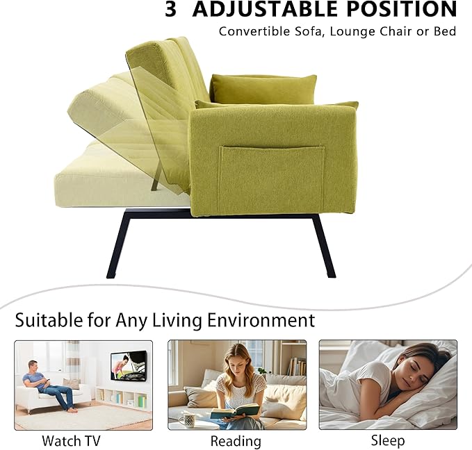 70 Convertible Sofa Bed Modern Futon CouchAdjustable Backrest Cotton Linen with Cup Holders and 2 Throw Pillows Sleeper Sofa for Living Room Apartment Small Space (Green)