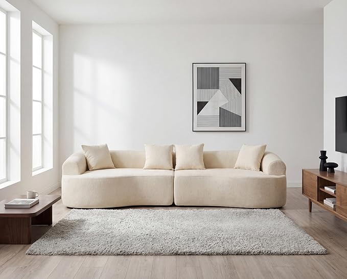 Curved Boneless Sofa Couches 4-Seat Tight Backrest Couch for Living Room Bedroom Boneless Cloud Sofa with 4 Pillows Floor Sofa in A Box No Assembly Required