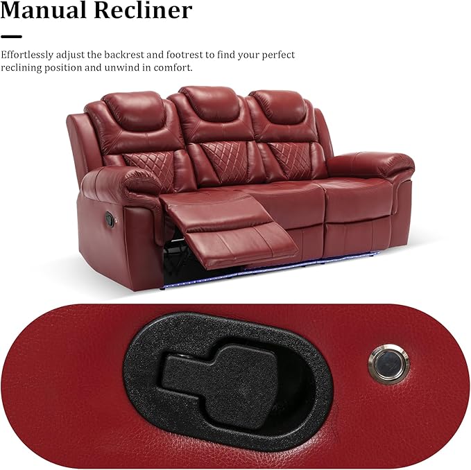 Leather Reclining Sofa SetHome Theater Seating with Center ConsoleFlipped Middle Backrestand LED Light Strip3 Seater for Living RoomOfficeHome TheaterRV (Red)