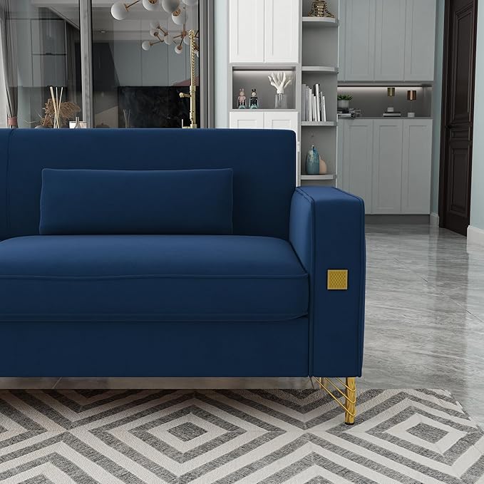 KEIKI 86 Oversized Luxury Velvet Sofa with Armrest and Removable Plush Cushions Gold Accents 3-Seater Couch with Solid Legs Easy Assembly for Living Room Bedroom Apartment Blue