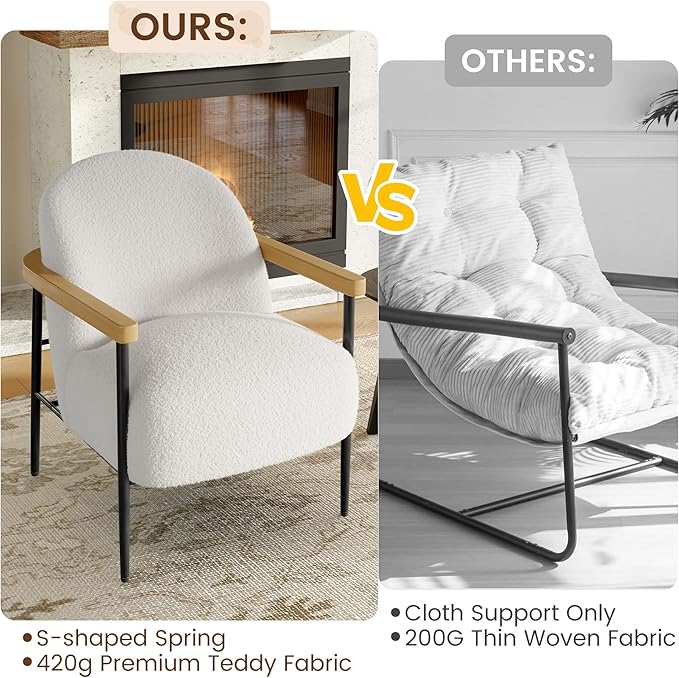 IDEALHOUSE Comfy Chair Set of 2 Modern Accent Chair with Teddy Fabric Wood Arms Metal Frame and Adjustable Feet Mid Century Modern Chair for Living RoomBedroom Office White