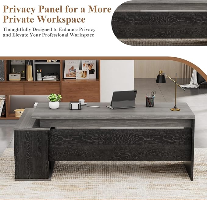 70.8 L-Shaped Executive Desk with File Drawers and Storage Cabinet Modern Large Office Desk Computer Workstation Gray Oak &amp Black Walnut (Gray Oak &amp Black Walnut 70.87IN)