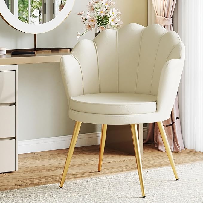 Furniliving Velvet Vanity Chair Shell Accent Chair for Living Room Upholstered Accent Chair with Gold Metal Legs Makeup Chair for Vanity Armchair Guest Chairs Side Chair for Bedroom (Khaki 1)