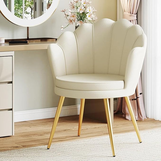 Furniliving Velvet Vanity Chair Shell Accent Chair for Living Room Upholstered Accent Chair with Gold Metal Legs Makeup Chair for Vanity Armchair Guest Chairs Side Chair for Bedroom (Khaki 1)