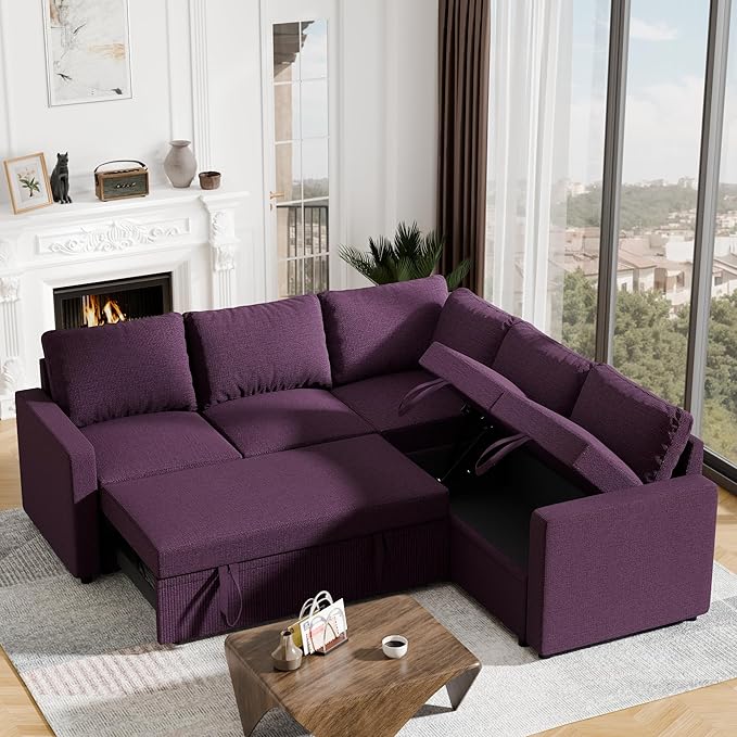 FONTOI Sleeper Sofa Bed Modular Sectional Couch with Pull Out Bed L Shaped Sectional Convertible SofaBed with Storage Seat for Living Room Apartment Bedroom Office Purple Linen
