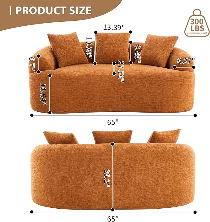 Curved Loveseat Sofa Couch for Living Room 65’’ Modern Comfy Cloud Floor Couch Round Sofa Full Sponge Compression Sofas with Deep Seat for Small Spaces Apartment No Assembly NeededOrange