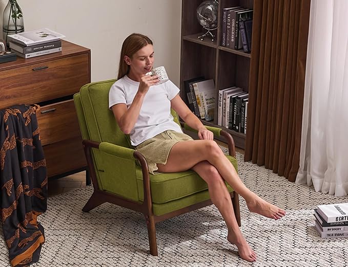 Mid Century Modern Chair Set of 2 Upholstered Lounge Arm Chair with Solid Wood Frame Comfy Accent Chair for Living Room Bedroom Reading ReceptionGreen
