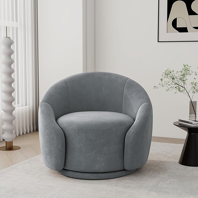 Swivel Barrel Accent Chair 360° Small Round Sofa Chair Comfy Modern Reading Armchair for Living Room Bedroom (Velvet Grey Set of 2)