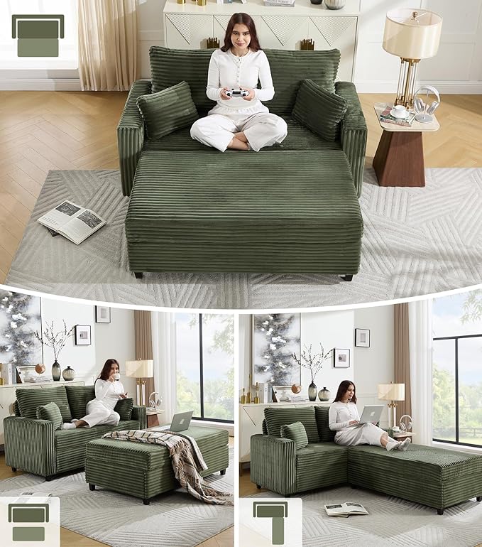 Tbfit 63.4 Oversized Loveseat with Storage Ottoman Comfy Chaise Lounge Chair Indoor Corduroy Sleeper Sofa Bed Modern Upholstered Love Seat Couch for Living Room Bedroom Apartment Green | Breath