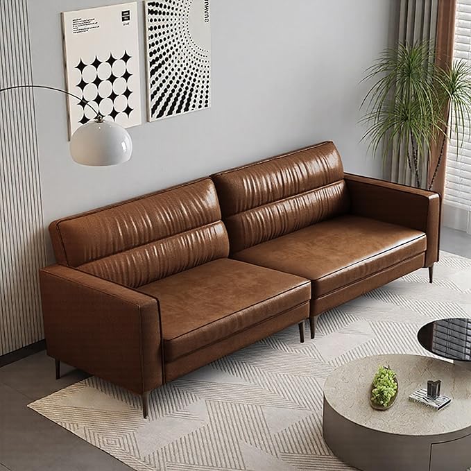 Mid-Century 3-Seater Faux Leather Sofa with Removable Backrest and Cushions Vintage Modern Lounge Couch for Office Apartment Living Room Bedroom with Sturdy Metal Legs - 86.61 Inches Brown