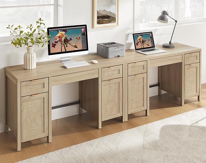SICOTAS Rattan Executive Desk with Storage - Larger Home Office Desk with Drawers and Cabinets Farmhouse Boho Computer Table Vanity Desk for Study Office Living Room Light Oak (2 Pieces)