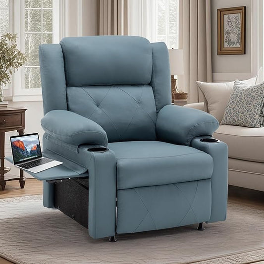 Aklaus Recliner Chair with Foldable Side Table Massage and Heat Reclining Chair Home Theater Seating Reclining Sofa with Side Pockets Cup Holders for Living Room BedroomBlue