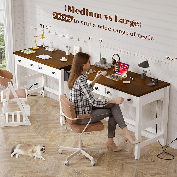 EnHomee 40 Computer Desk with Drawers Small Desk with Power Outlets for Bedroom and Home Office Writing Desk with Drawers and a Side Pocket Vanity Desks for Bedroom Brown+White