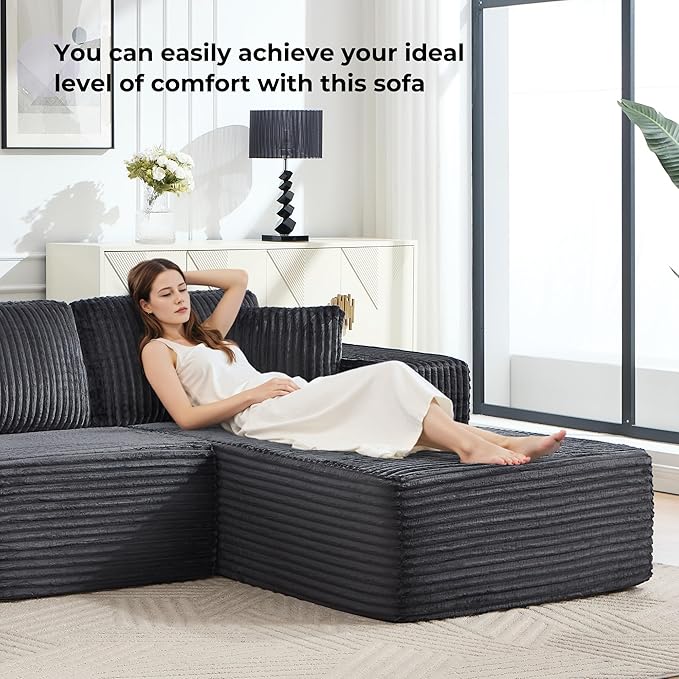 L-Shaped Boneless Modular Sectional Sofa 107 Modern Corduroy Upholstery Couch with Chaise for Living Room 3-Seater Cloud Couches with Deep Seat No Assembly Right Facing Chaise Dark Grey