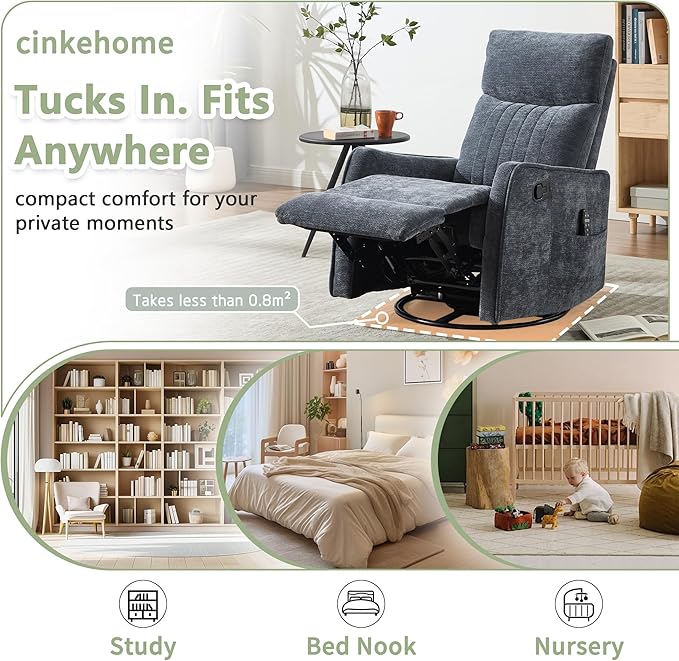 cinkehome Heated Massage Swivel Rocker Recliner Chair for Nursery - Small Space Reclining Chair with Lumbar Support 360° Swivel &amp Gentle Rocking Ergonomic High Back Chenille Fabric Blue