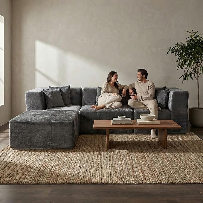 · REDEARTH · 4-Seater Modular Velvet Sectional Sofa No-Assembly L-Shaped Compressed Couch in a Box with Ottoman Boneless Modular System in Plush Velvet for Living Room (3-Seater + Ottoman)Dark Gray