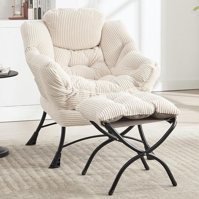 Lazy Chair with Ottoman Comfy Lounge Chair for Reading Relaxing and Napping Perfect for Living Room Bedroom or Office White