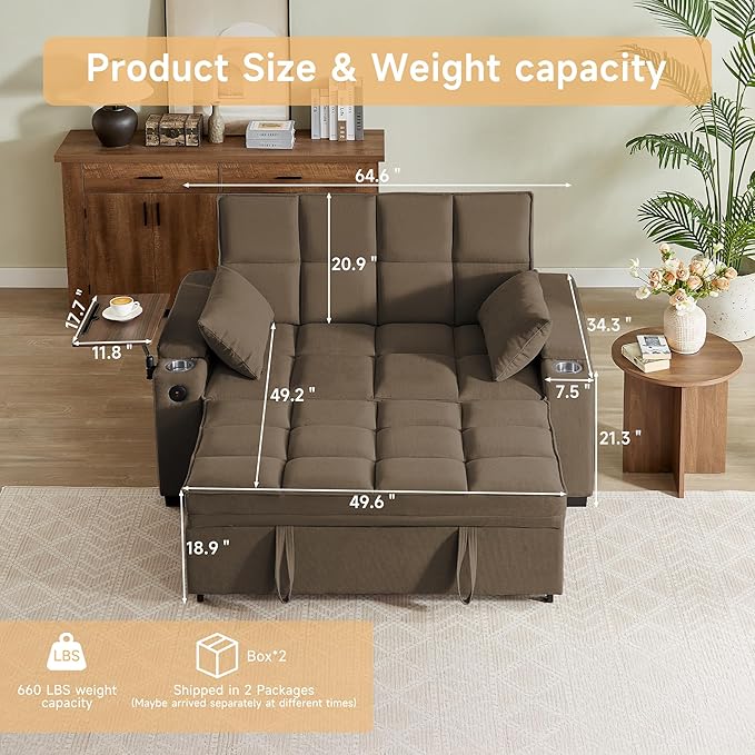 65'' Convertible Sleeper Sofa Bed with Adjustable Backrest Chaise Lounge Side Table &amp USB/Type-C Ports – Stylish &amp Functional Addition to Any Living Room (Light Grey-1)