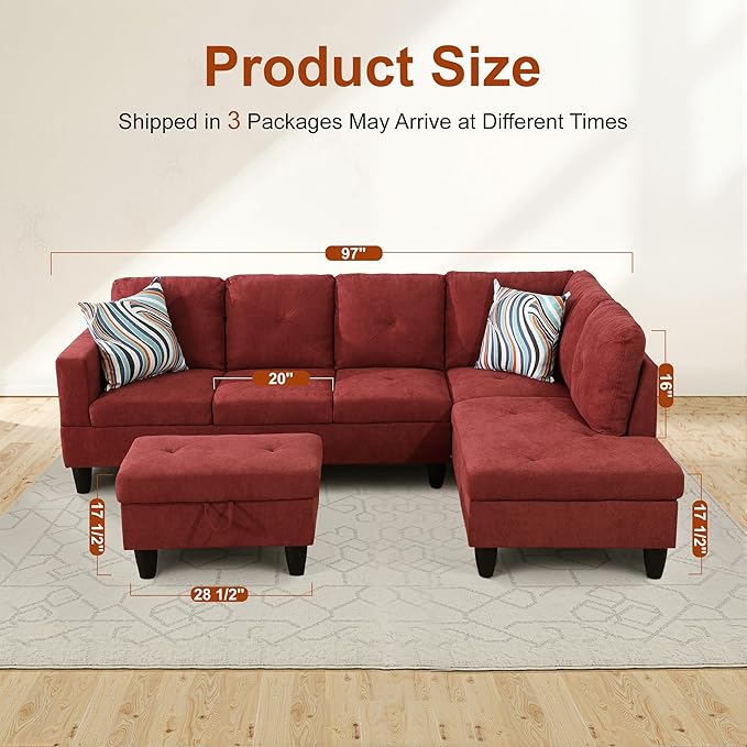 L Shaped Couch Sectional Couch Upholstered Flannelette 3 Pieces Sofas for Living Room with Chaise Ottoman with Storage for Office and Small Apartment Red