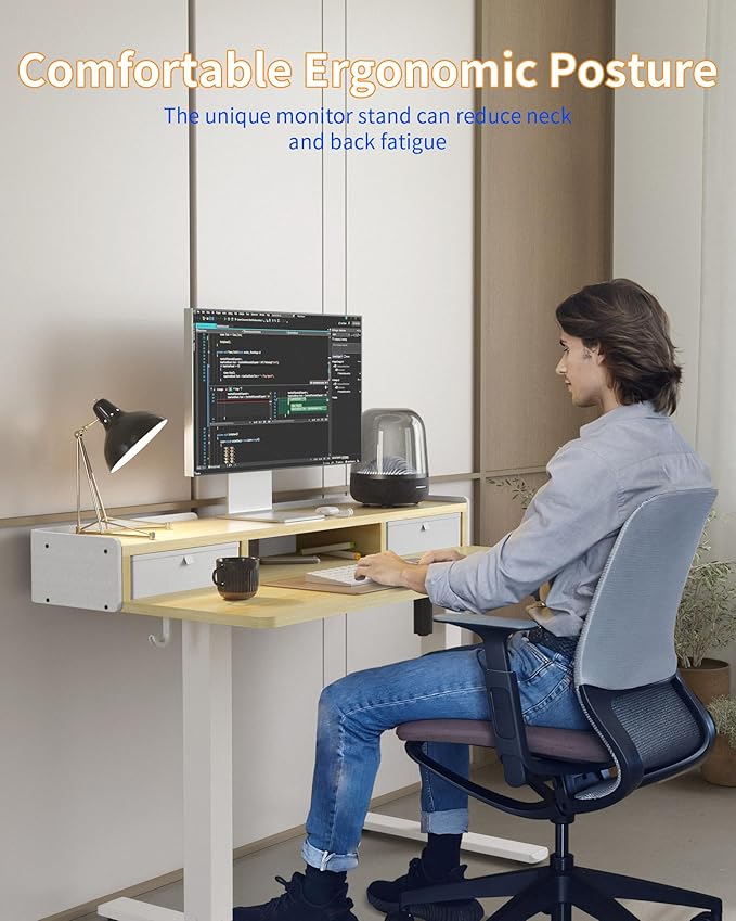 YIHAYO Electric Standing Desk with Drawers 40 x 24 Inches Adjustable Desk with Storage Shelf Stand Up Desk with Splice Board Computer Table for Home Office White Frame/Natural Top