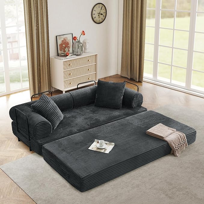 Modular Couch Bed Convertible Folding Plush Corduroy Comfy Floor Memory Foam Compression Loveseat Sleeper Sofa Couch King Size Bed for Guest Room Living Room Bedroom No Assembly Required Dark Grey