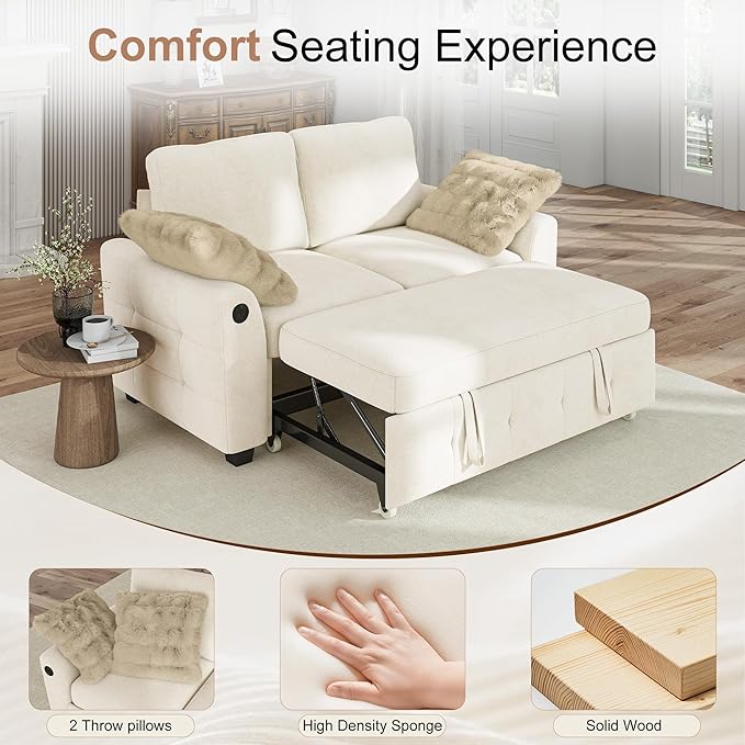 Hanherry 59 Loveseat Sofa with Pull Out Couch Bed Chenille 2-in-1 Convertible 2 Seater Sleeper Sofa with USB ChargingComfy Love Seat for Small Spaces Living Room Apartment