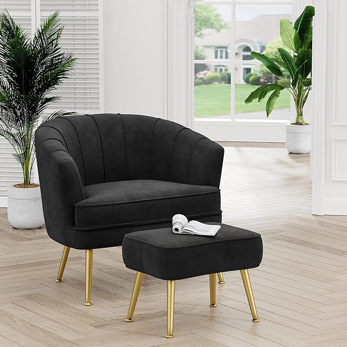 Andeworld Velvet Accent Chair with Ottoman Upholstered Modern Single Sofa Side ChairComfy Barrel Club Living Room Armchair with Golden Metal Legs for Bedroom Living Reading Room Office Black