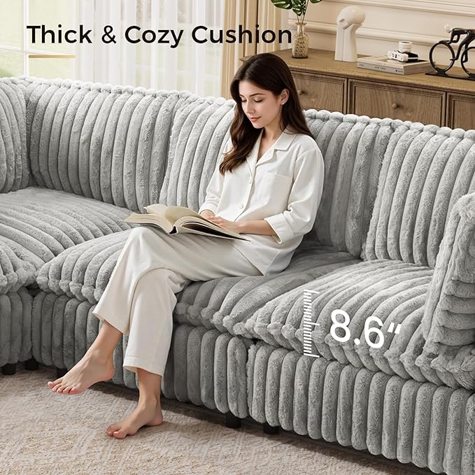 KKL Modular Sectional Couch for Living Room L Shaped Corduroy Couches with 1 Ottomans 4 Seater Oversized Sofa Soft Fabric Modern Sofa Grey