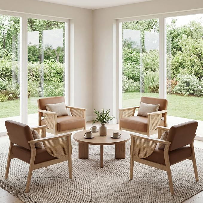 Mid Century Modern Accent Chair Rattan Armchair with Wood Legs Living Room Chair PU Leather Upholstered Lounge Chair for Bedroom Reading Room Brown