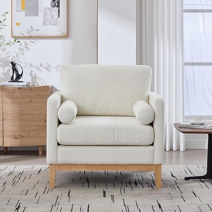 35.4 Modern Boucle Accent Chair with Deep Seat Oversized Wooden Upholstered Armchair Single Sofa Lounge Reading Chairs Large Accent Chair for Living Room/Bedroom/Office (Ivory &amp Style 1)