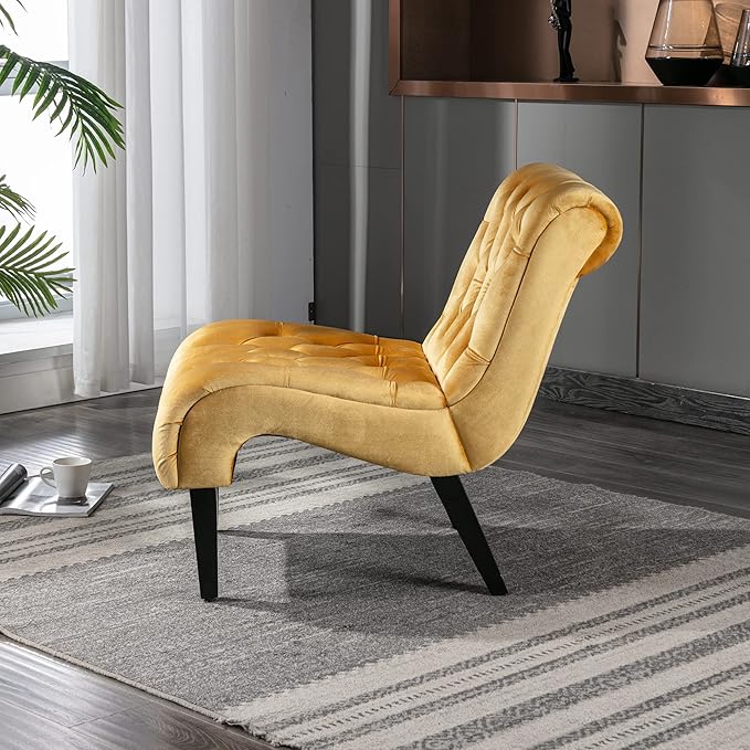 Yoluckea Modern Upholstered Accent Chair S-Shape Armless Lounge Chair for Bedroom Living Room Comfy Velvet Chaise Chairs with Button Tufted Back and Solid Wood Legs Mustard Yellow